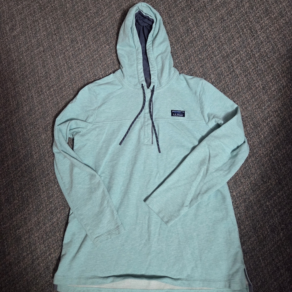 L.L. Bean Heathered Aqua Hoodie with Navy Trim